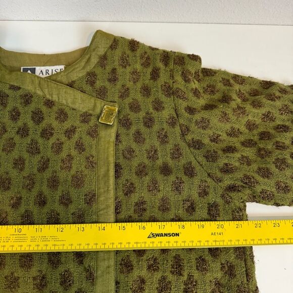 Vintage 90s Arise Green Silk Blend Woven Quilted Interior Wrap Jacket S - Picture 10 of 12